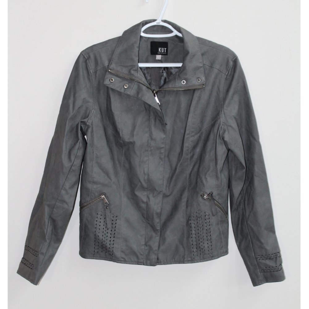 Kut from Kloth, Gray Faux Leather Moto Jacket, Size M